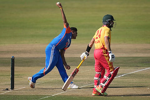Tushar Deshpande in action against Zimbabwe 